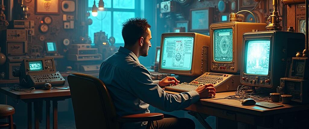 Man with Ai generated retro computers