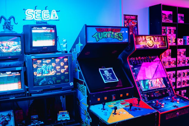 Arcade games and consoles side by side